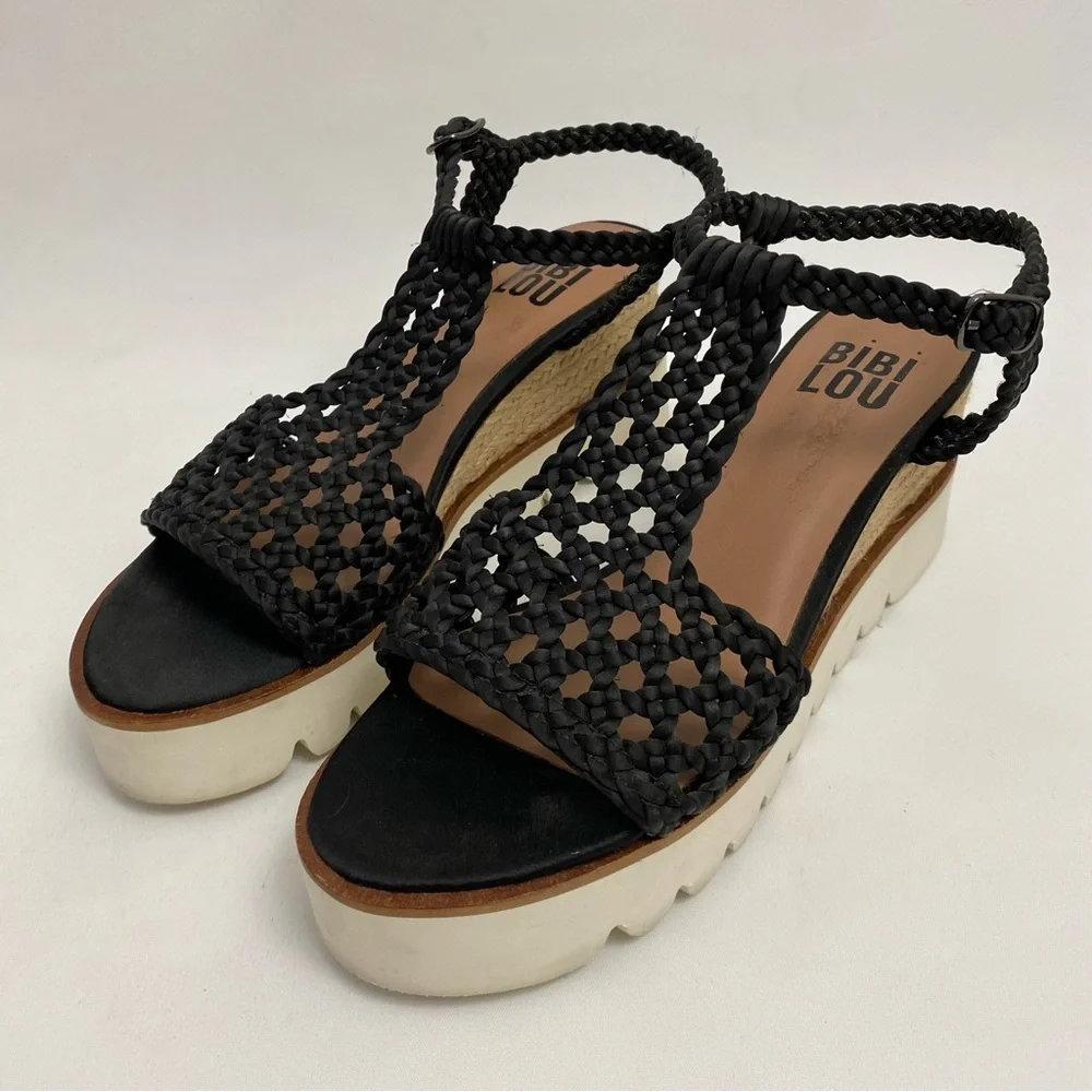 BIBI LOU Platform Sandals 7 - 7.5 / 38 Black Woven Ankle Strap Open Toe Wedge - Picture 4 of 16